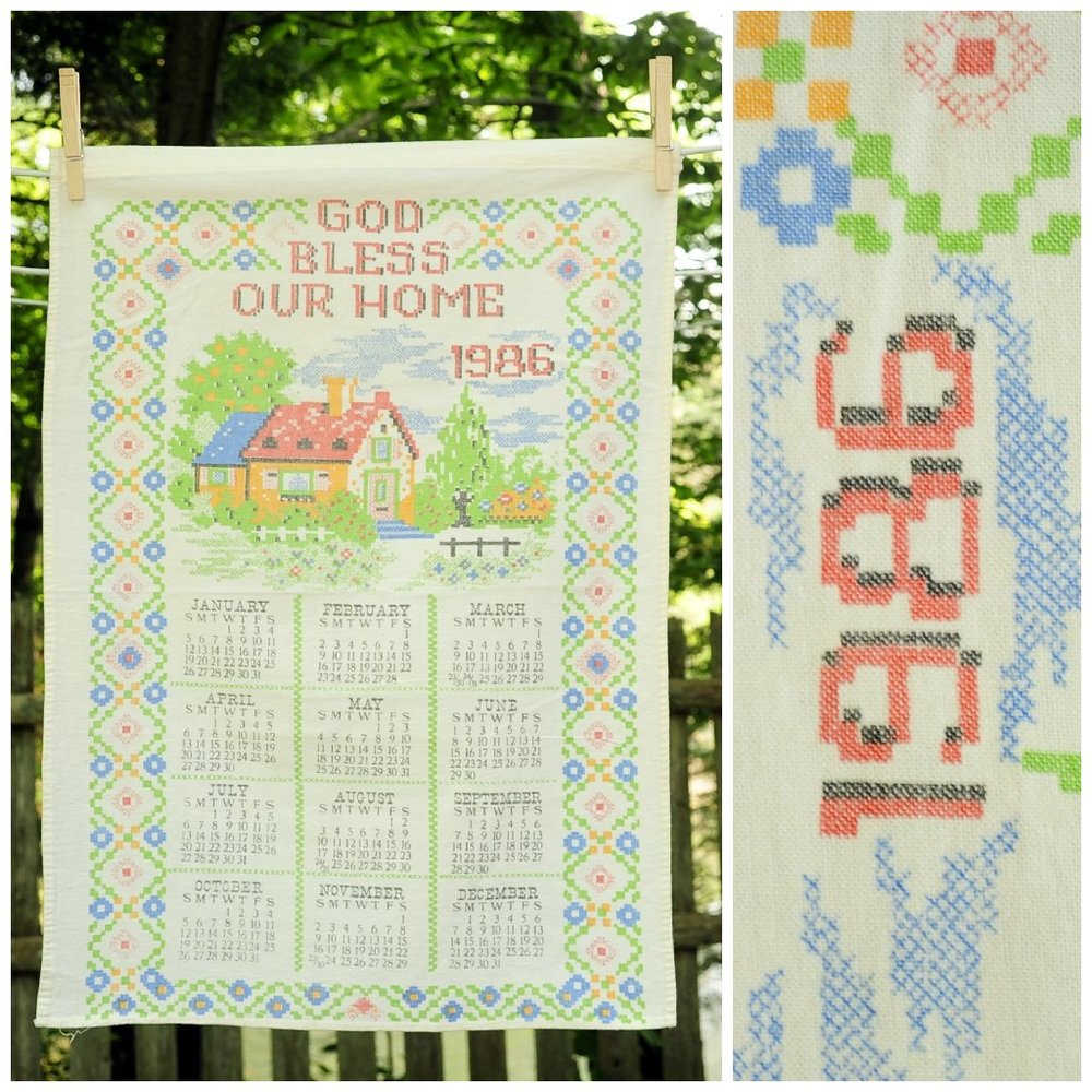 VTG 1986 Calendar Tea Towel 'God Bless Our Home'